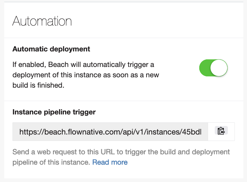 The automation settings allow to switch automatic deployment on and off. The pipeline trigger URL can be copied, too.