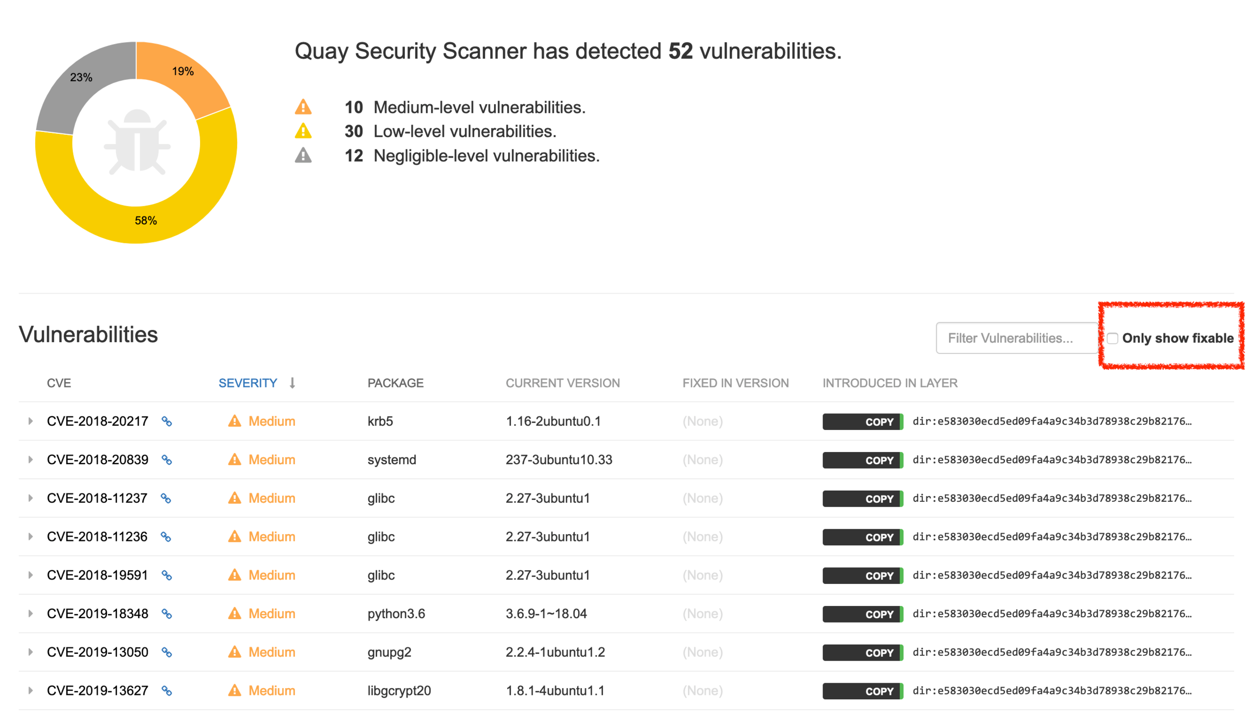 Screenshot of security scan result at quay.io